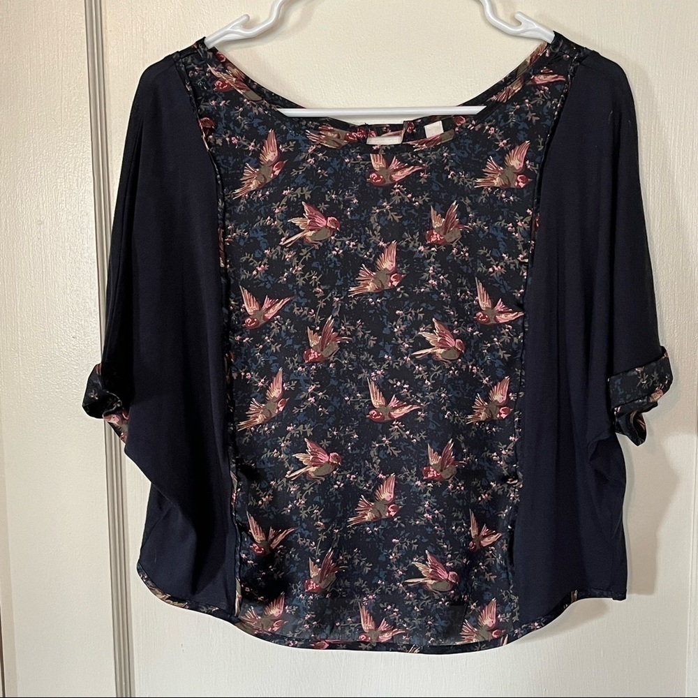 Anthropologie Tiny Floral Navy Bird Crop Top - Picture 3 of 12